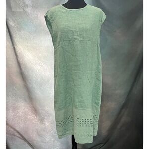 Vanessa Zani Womens Small Sage Green 100% Linen Eyelet Lace Hem Shift Dress